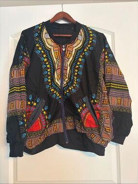 Black Dashiki-Style Bomber Jacket with Multicolor Embellishment